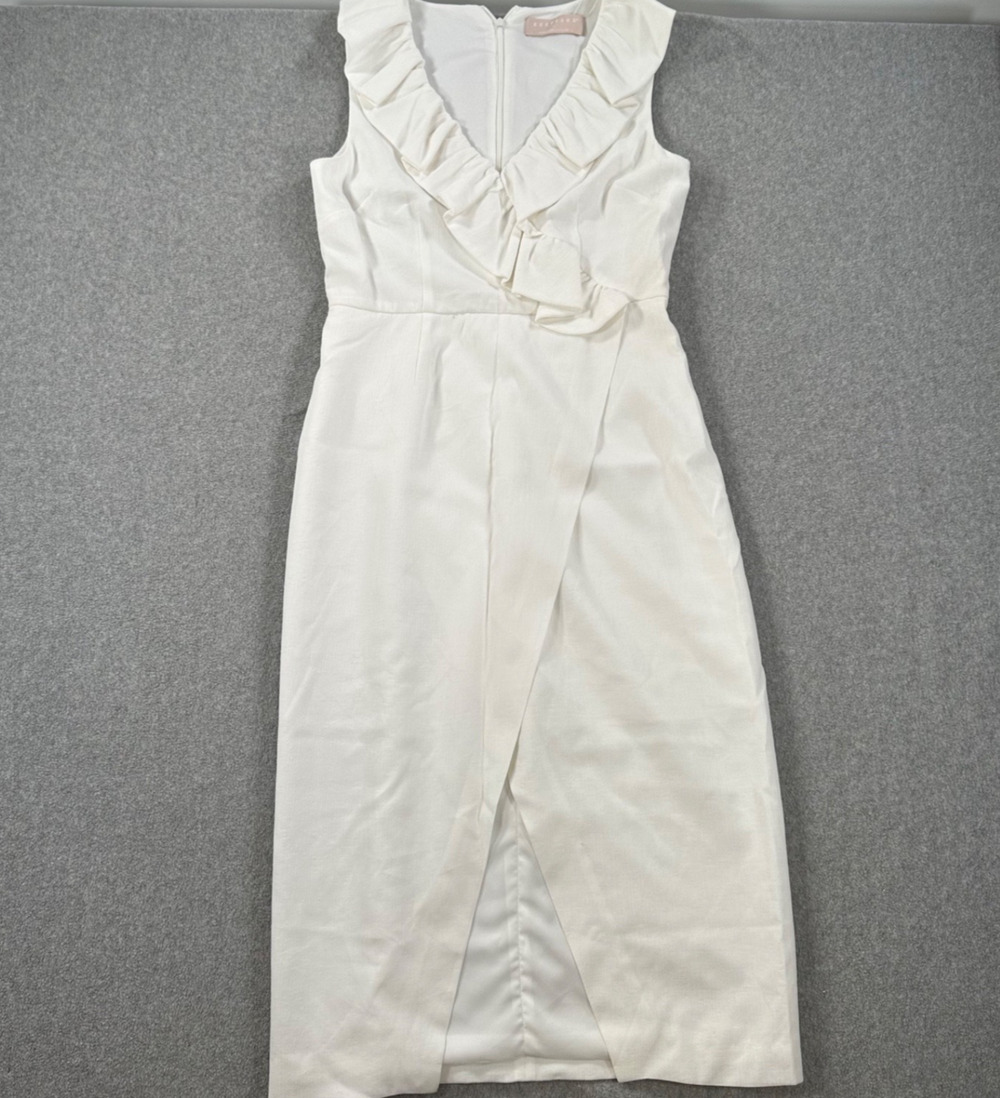 Keepsake the Label Ruffle Neck Midi Dress Women's Large White Crepe Slit Bride